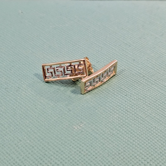 Two Tone 18k Gold Greek Key Stud Earrings - Picture 3 of 13